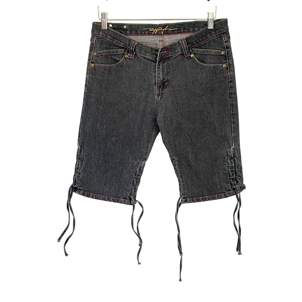 Ruff Ryders Y2K Womens‎ Denim Long Shorts Side Tie Contrast Stitch Size 7/8 READ